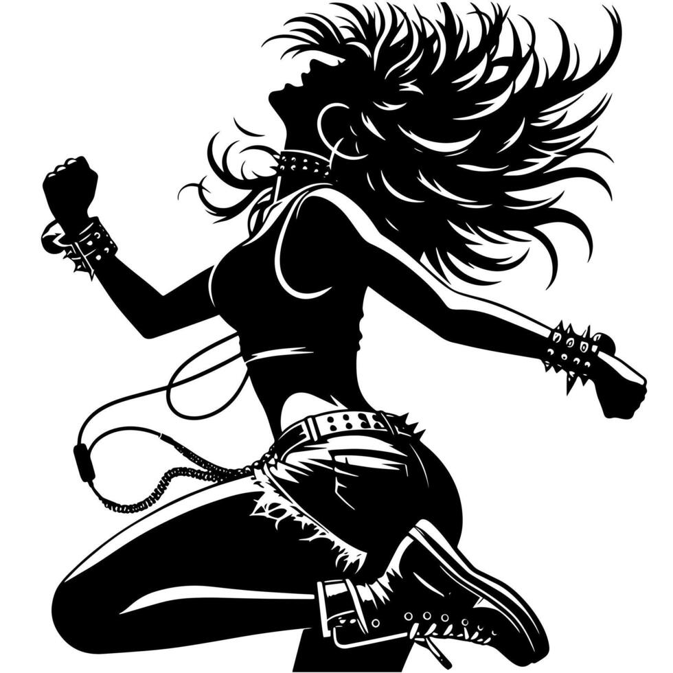 zwart en wit illustratie van een punk- vrouw is dansen en beven in een geslaagd houding vector