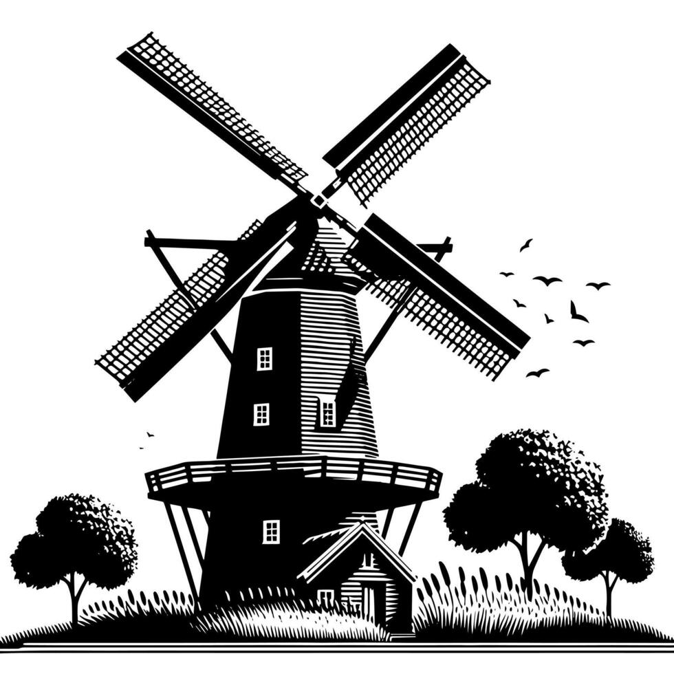 zwart en wit illustratie van een traditioneel oud windmolen in Holland vector