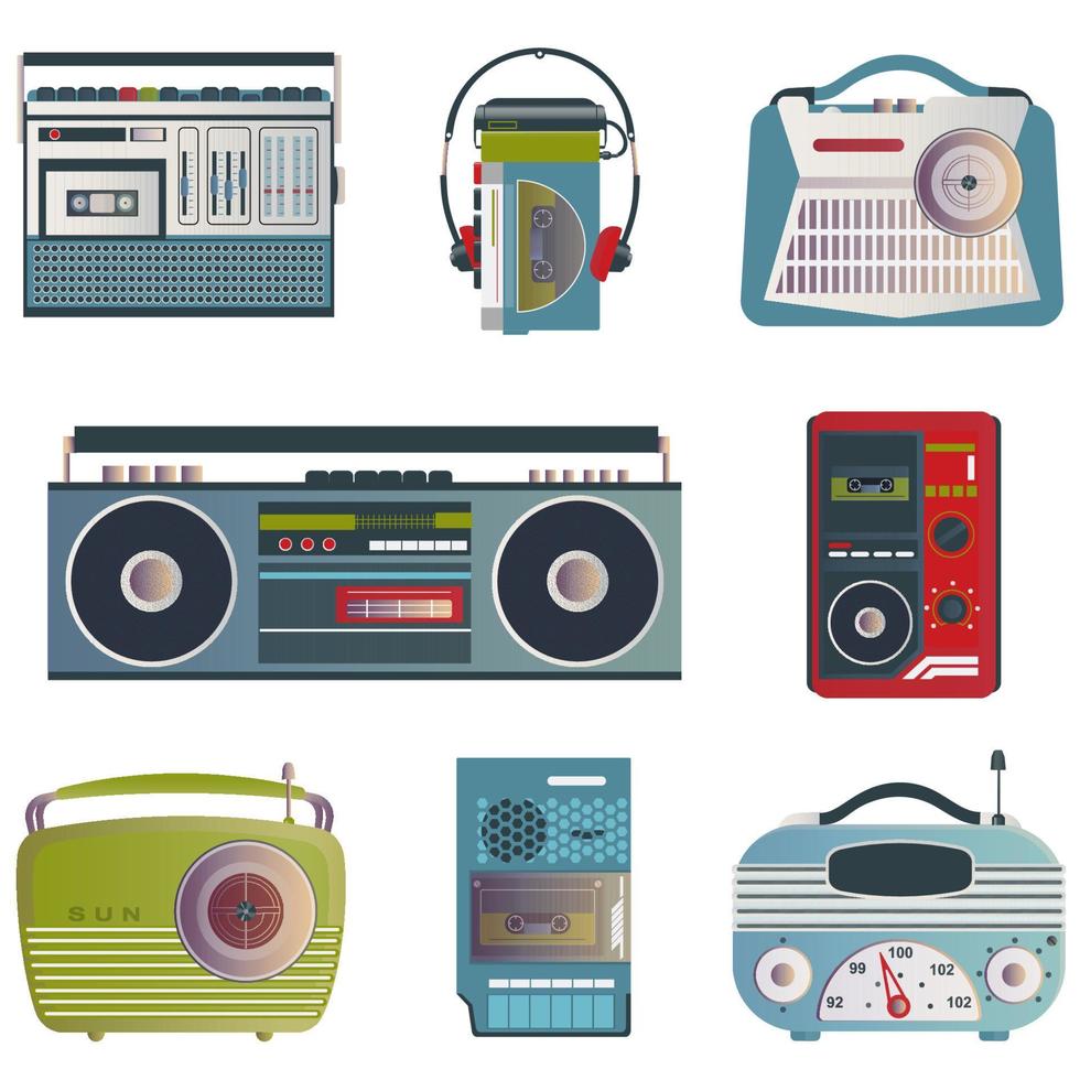 retro media-iconen. set van vectorillustraties op het thema van retro muziek. radio-ontvangers, bandrecorder, speler, recorder in retrostijl. vector