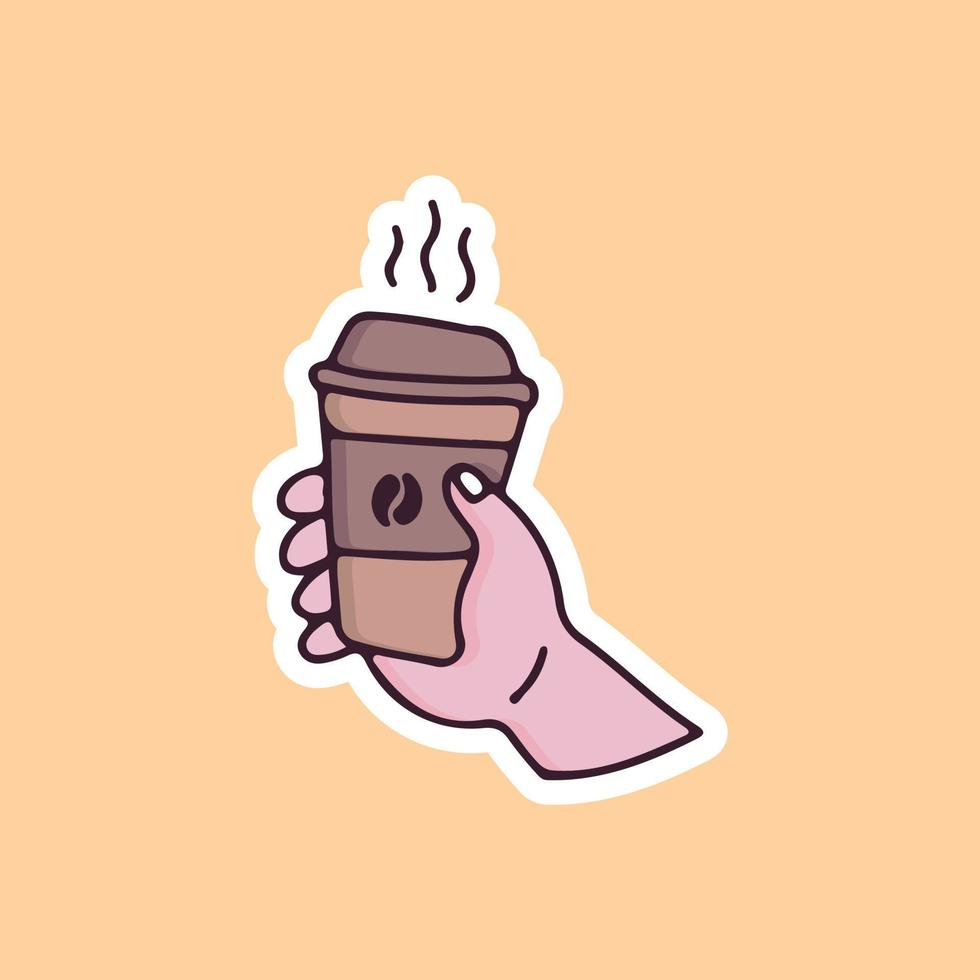 hand met kopje koffie. tekenfilm voor sticker. vector
