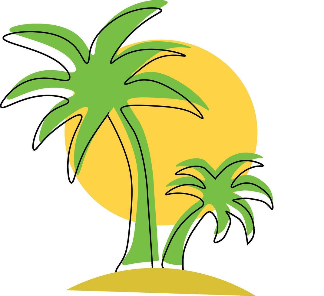tropisch eiland met twee palm bomen tegen de achtergrond van de instelling zon vector