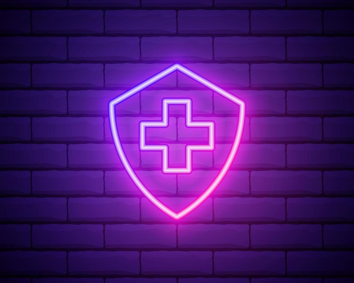 gloeiend neon medisch schild met kruispictogram dat op bakstenen muurachtergrond wordt geïsoleerd. gezondheidsbescherming concept. veiligheidskentekenpictogram. privacybanner. veiligheidslabel. vector illustratie