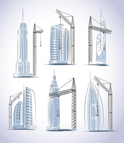 Geplaatste de bouwpictogrammen van wolkenkrabbersgebouwen vector