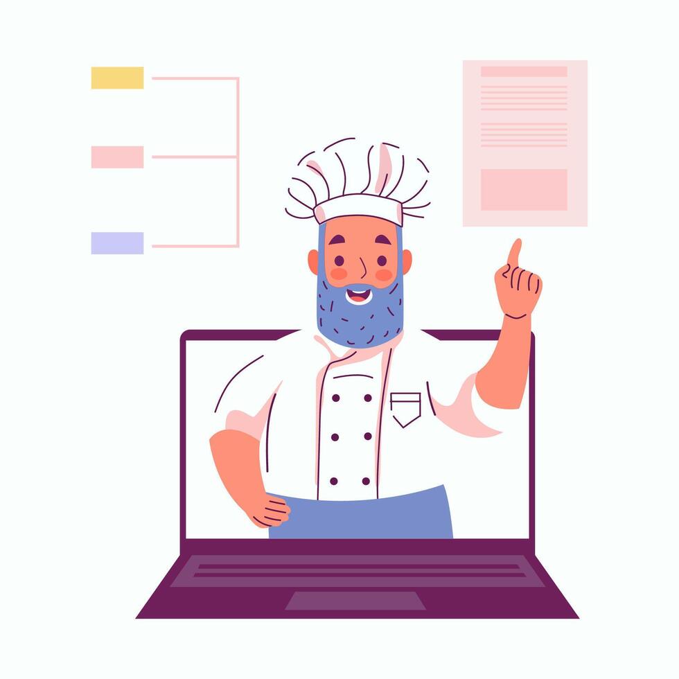 oud chef, online Koken Cursus, internet recepten. virtueel digitaal culinaire school- concept. internet restaurant bedrijf met chef gluren uit van scherm vector