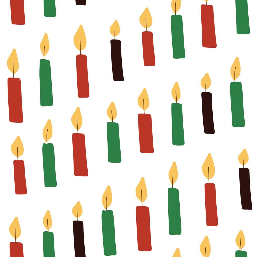 schattig kwanzaa naadloos patroon met handgetekende eenvoudige kinara-kaarsen in traditionele Afrikaanse kleuren - zwart, rood, groen op wit. vector kwanzaa vakantie festival viering achtergrondontwerp