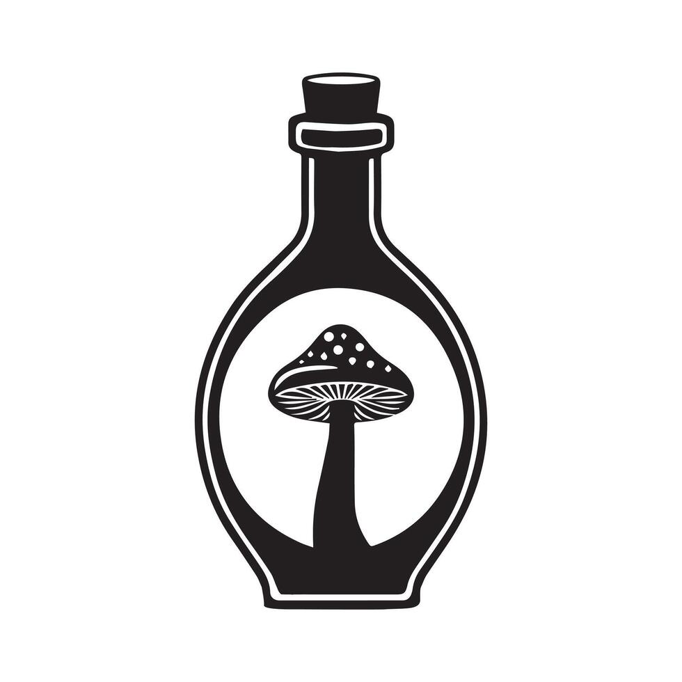een silhouet van een oud fashioned toverdrank fles met een magie paddestoel vector