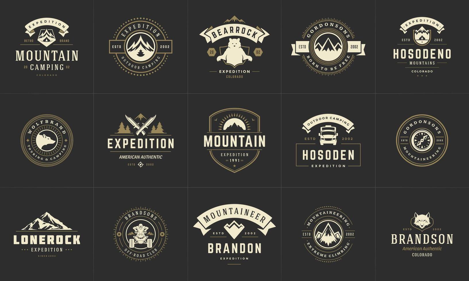 camping logos en badges Sjablonen ontwerp elementen en silhouetten reeks vector