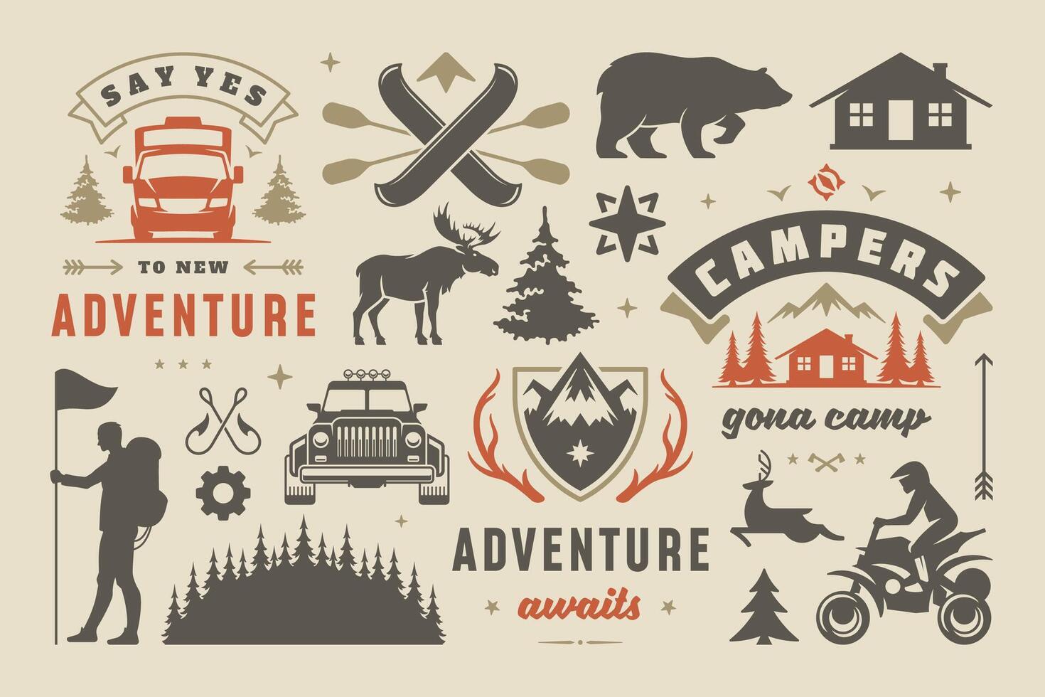 camping en buitenshuis avontuur ontwerp elementen set, citaten en pictogrammen illustratie vector
