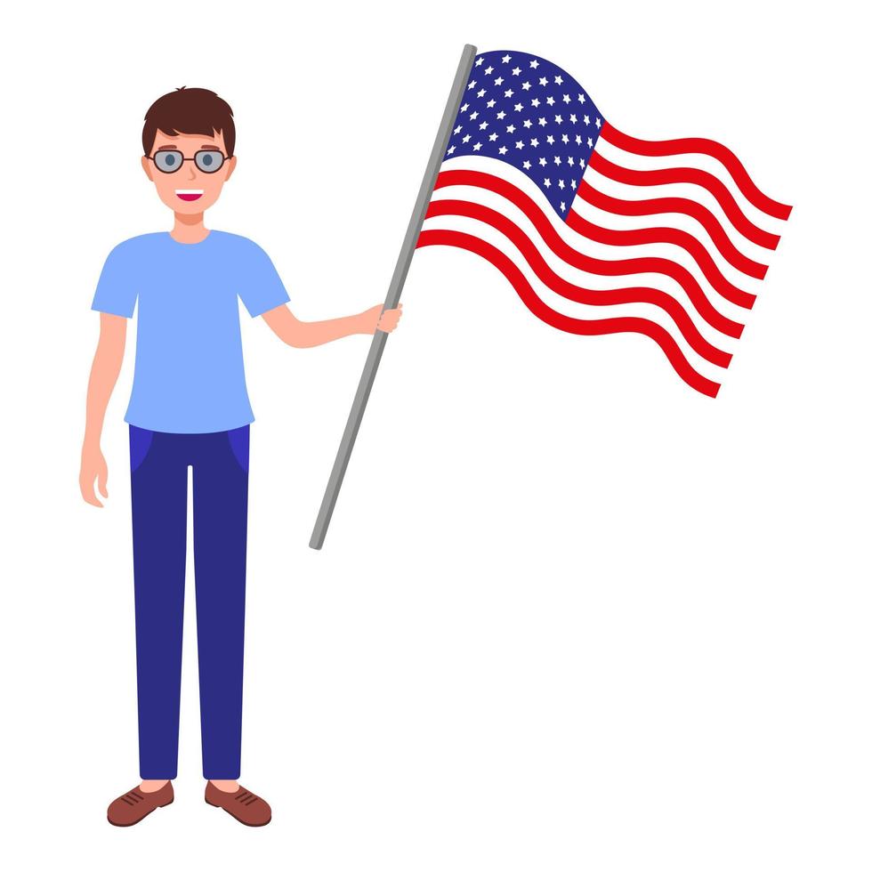 brunette mannen met grote Amerikaanse vlag. vector