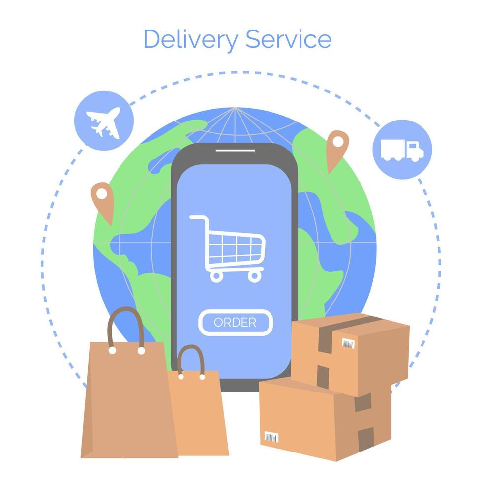 het concept van online winkelen, smartphone en pakketten tegen de achtergrond van de wereld. wereldwijde bezorgservice. vector illustratie