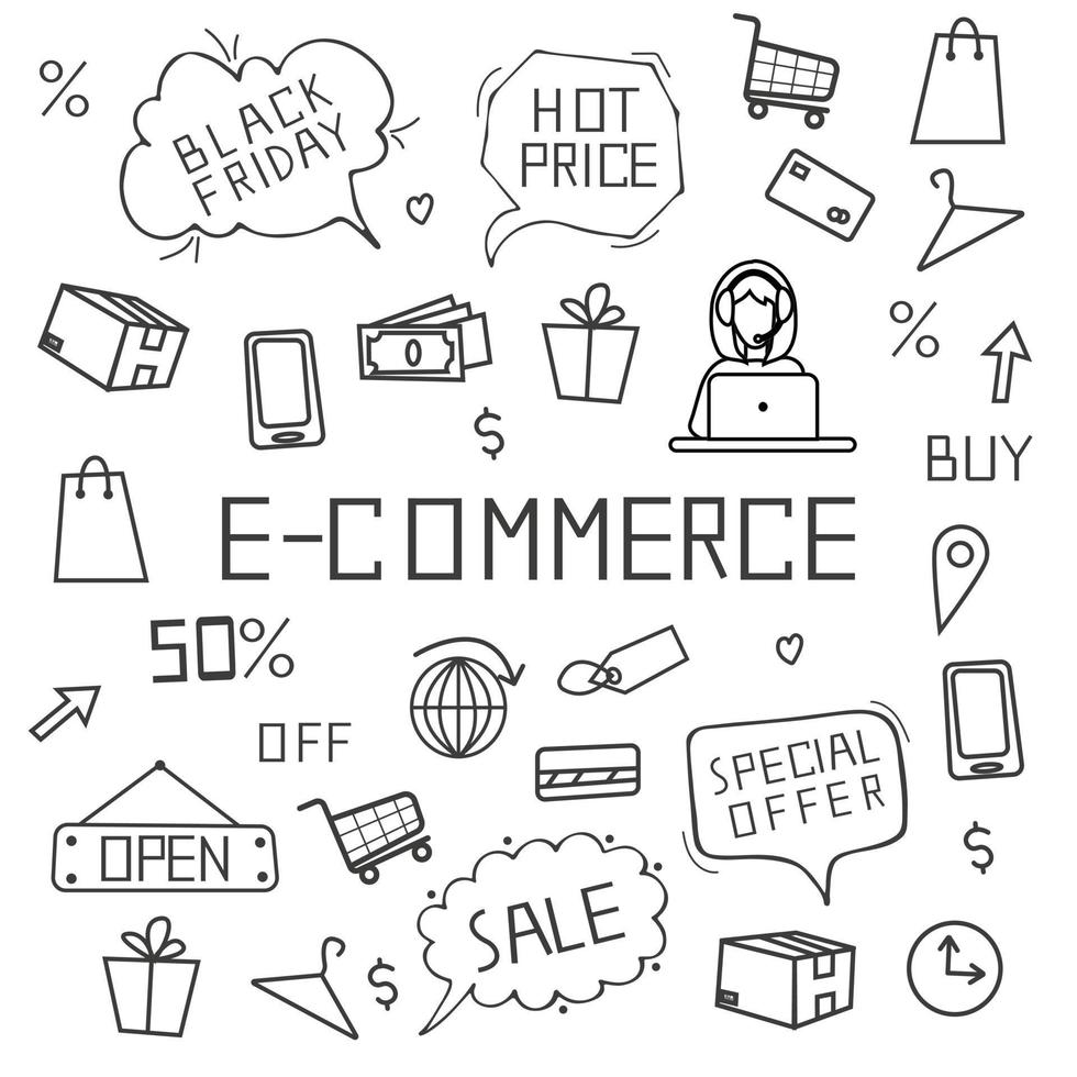 e-commerce elementen doodle set, geïsoleerd op een witte achtergrond. vector illustratie