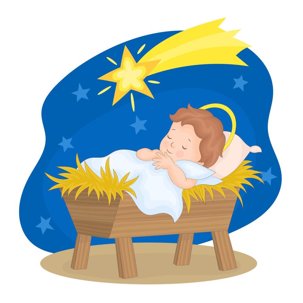 kleine baby jezus slapen op de kribbe, kerstnachtscène. vector