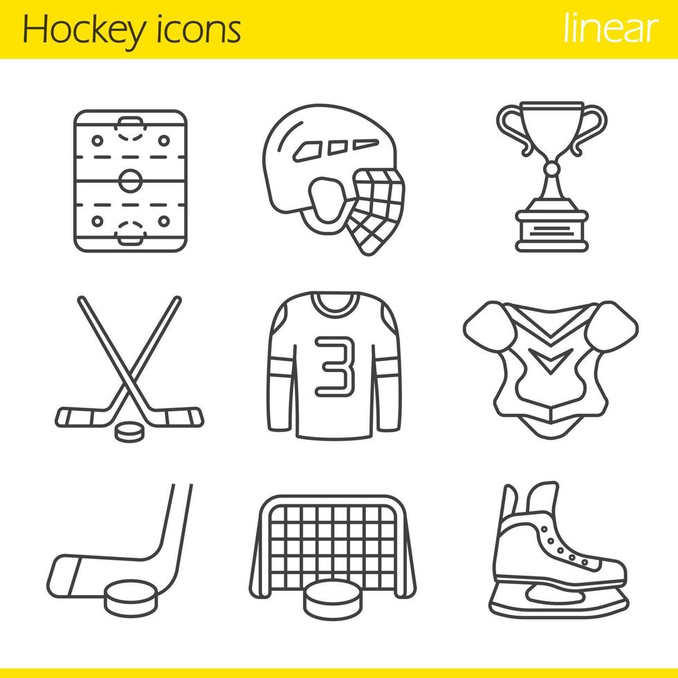 ijshockey lineaire pictogrammen instellen. ijshockeybaan, helm, puck en stokken, shirt, schouderstuk, poort, schaats, winnaarstrofee. dunne lijn contour symbolen. geïsoleerde vectorillustraties vector