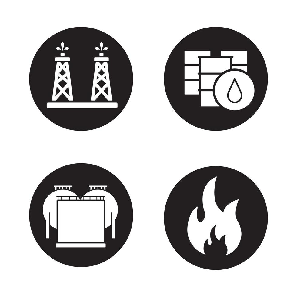 olie-industrie pictogrammen instellen. booreiland, vaten en opslag, brandbaar teken. vector witte silhouetten illustraties in zwarte cirkels