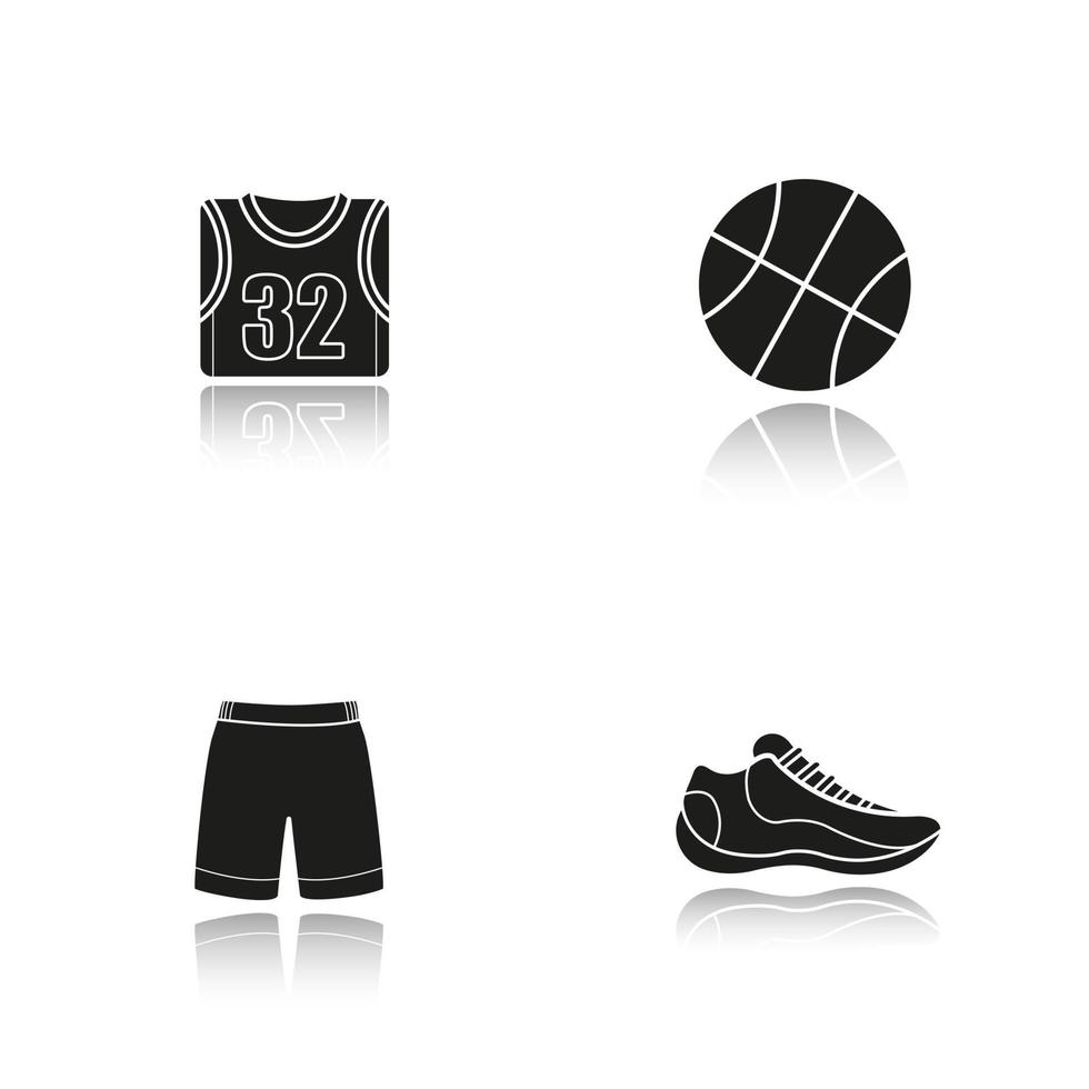 basketbal slagschaduw zwarte pictogrammen instellen. bal, schoen, t-shirt, korte broek. uniform van een basketbalspeler. geïsoleerde vectorillustraties vector