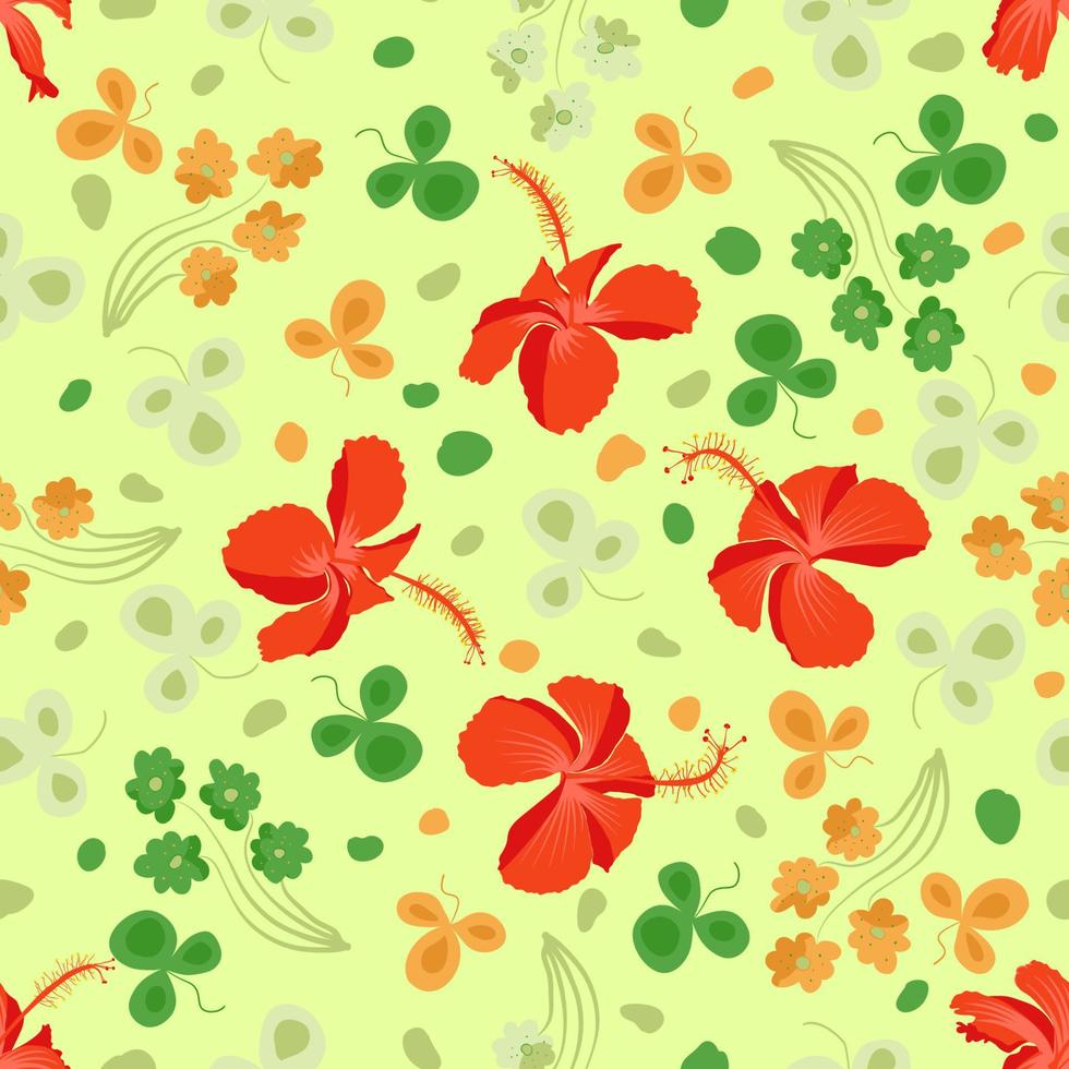 bloeien volledig panoramisch motiefbeeld van Tahitiaanse hibiscus rosa sinensis. het beste voor het afdrukken van materiaal zoals zakdoek, douchegordijn, telefoon, dekbed, enz. allover botanisch oppervlaktepatroon. vector