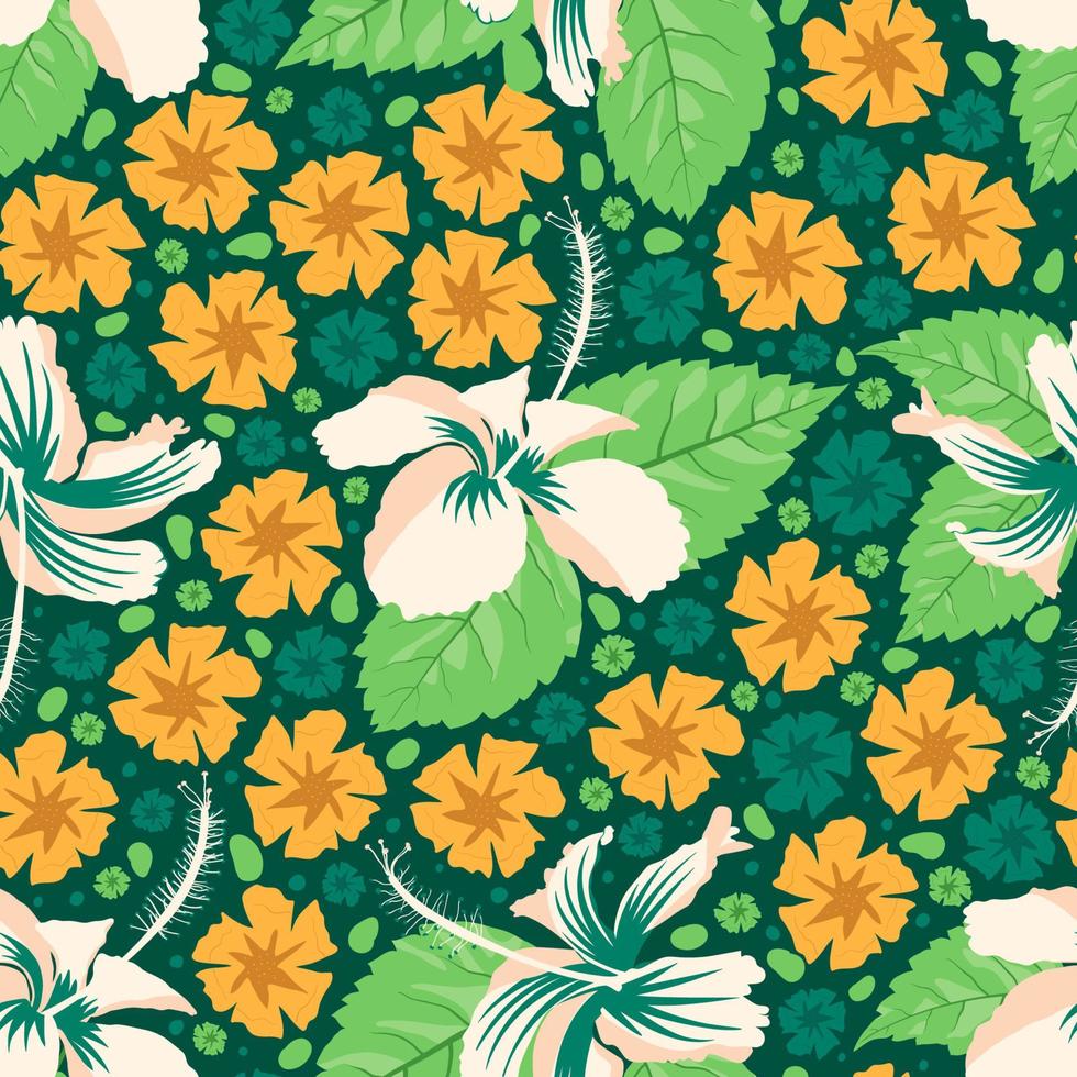 oranje en donkergroene kleurencombinatie hibiscus oppervlaktepatroon ontwerp met conceptuele gebladerte elementen. print en gebruik voor kleding, servetten, regenjas, sofa, art print, drapery etc. vector