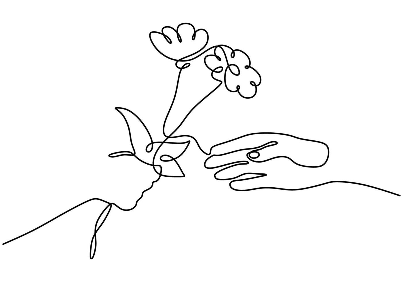 hand met bloemen een lijntekening minimalistische kunst. emmer met bloemen vector