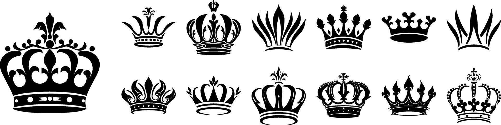 kroon icoon set. kroon teken verzameling. kroon koning of koningin mega icoon set. Koninklijk kroon symbool. heraldisch vlak zwart silhouetten geïsoleerd Aan wit achtergrond. Koninklijk hoofd accessoires, hoed embleem vector