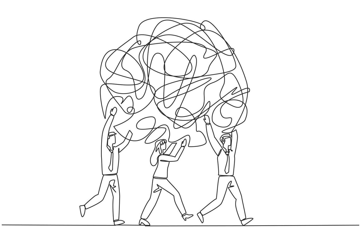 single doorlopend lijn tekening groep van zakenlieden en onderneemsters werk samen draag- zwaar rommelig cirkel. elimineert overschot ongerustheid. verminderen spanning samen. een lijn ontwerp illustratie vector