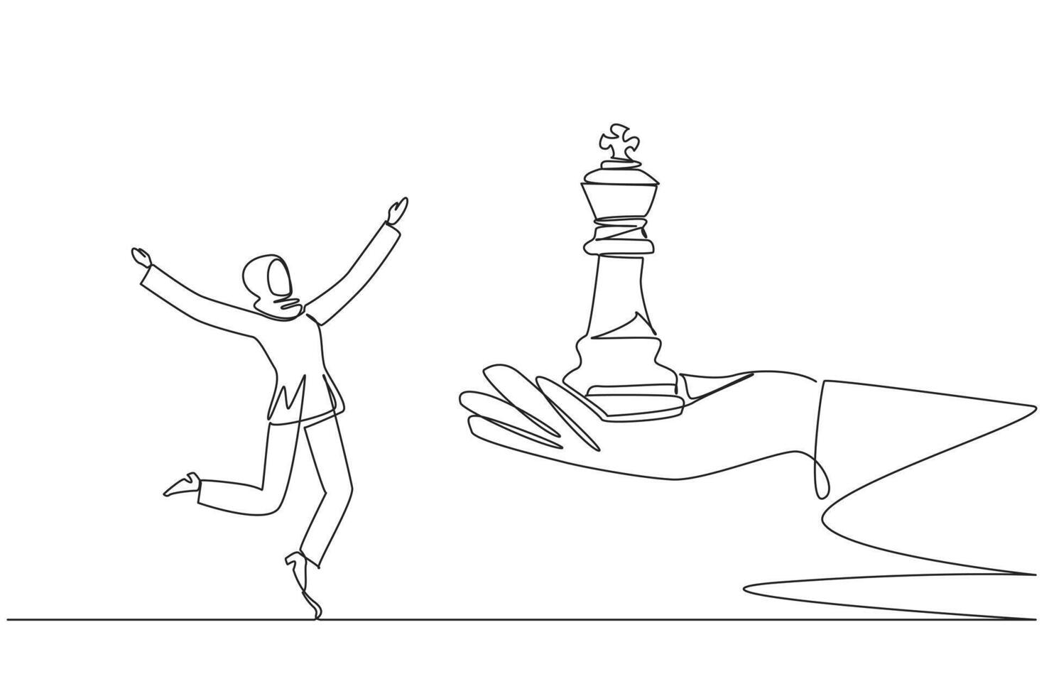 single doorlopend lijn tekening jong Arabisch zakenvrouw opgewonden naar krijgen koning schaak stuk van reusachtig hand. krijgen vol ondersteuning van de bord van directeuren. succes. een lijn ontwerp illustratie vector