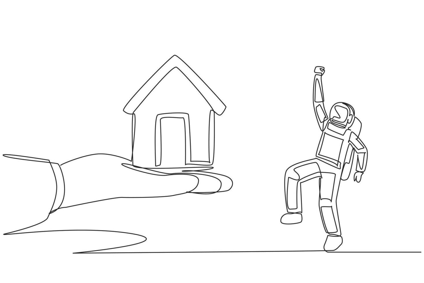 doorlopend een lijn tekening de astronaut opgewonden naar krijgen een miniatuur huis van reusachtig hand. de astronaut arriveert terug huis. rust uit. kosmonaut buitenste ruimte. single lijn trek ontwerp illustratie vector