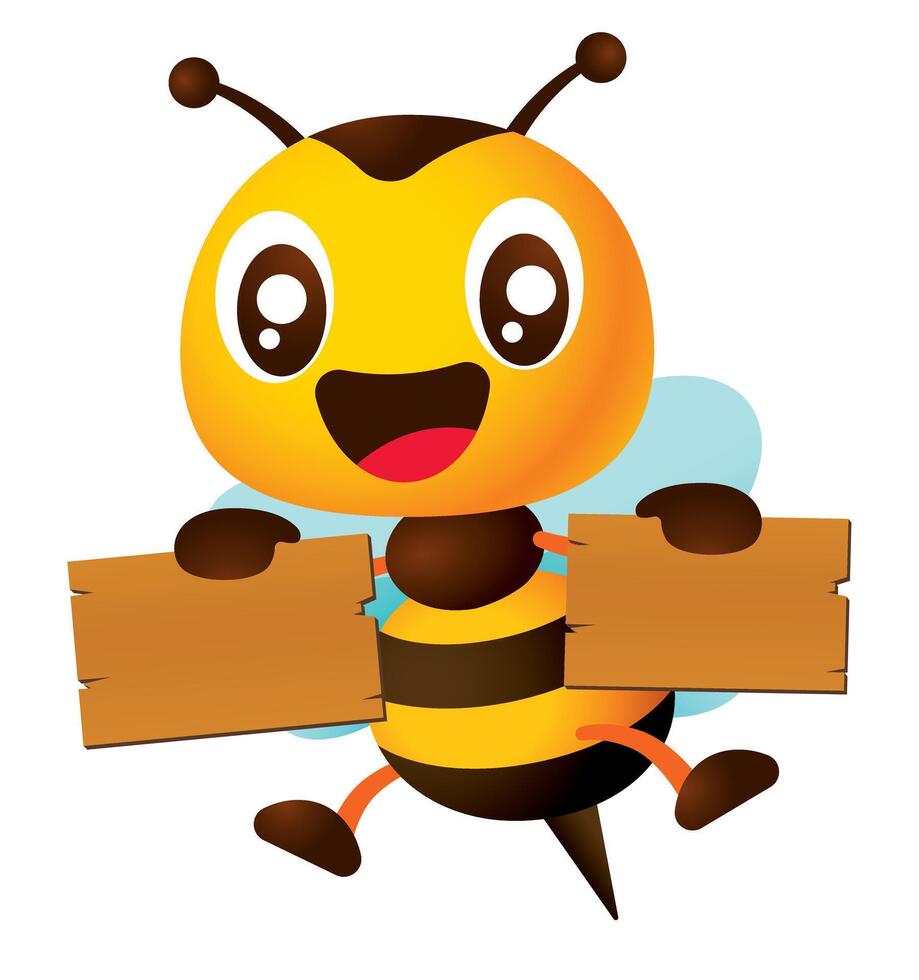 tekenfilm schattig honing bij Holding leeg houten uithangbord illustratie vector