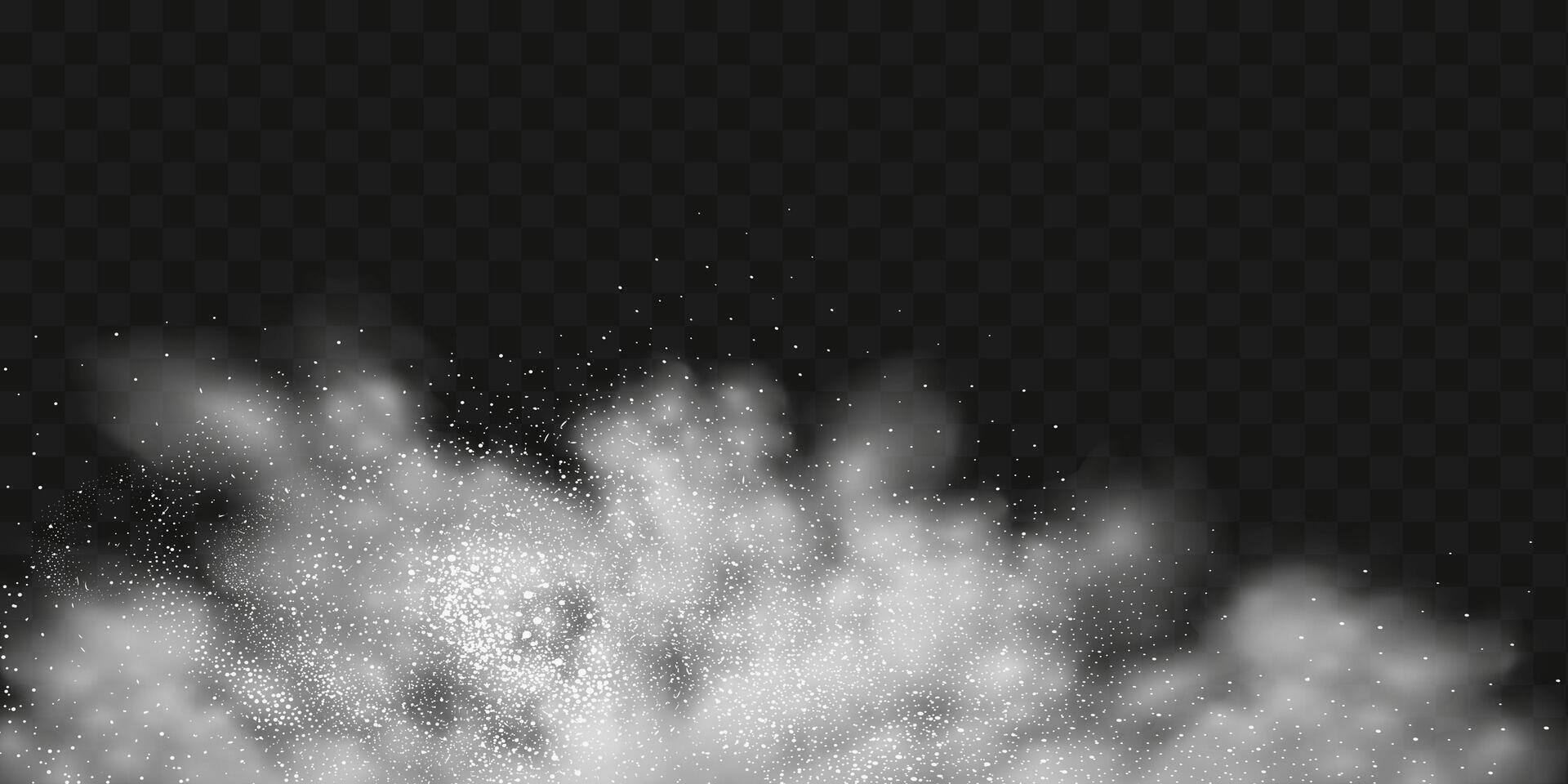 een realistisch reeks van wit wolken van meel, suiker, het wassen poeder. een explosie van sneeuw stof in de lucht. een plons van ijs Kristallen in een wit sneeuwstorm wolk. vector