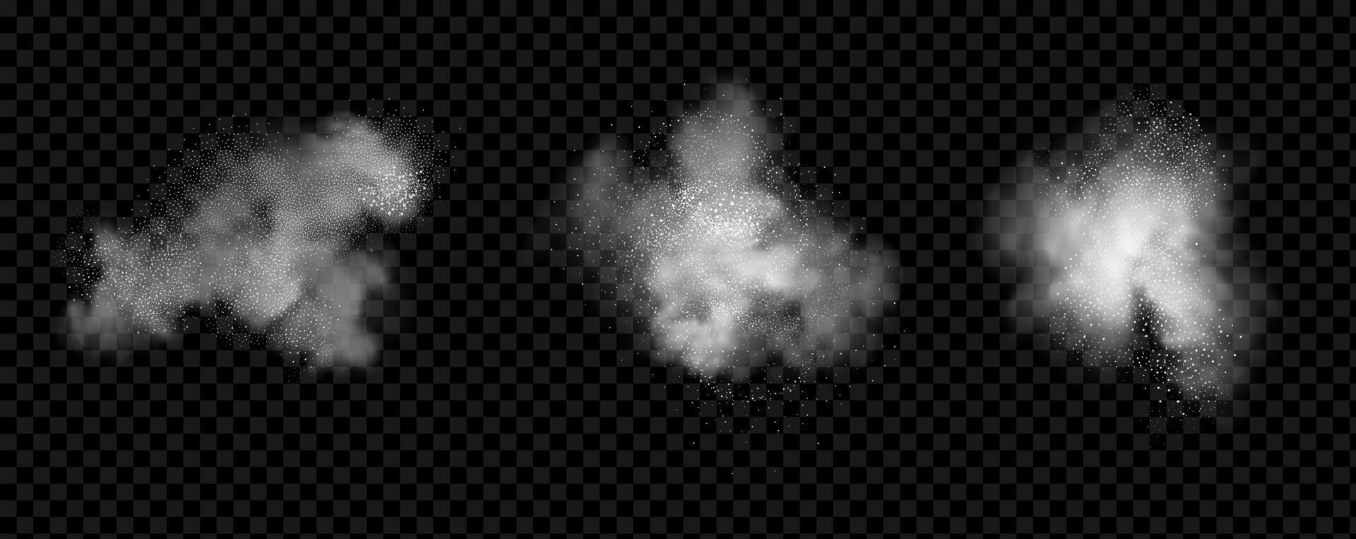 een realistisch reeks van wit wolken van meel, suiker, het wassen poeder. een explosie van sneeuw stof in de lucht. een plons van ijs Kristallen in een wit sneeuwstorm wolk. vector