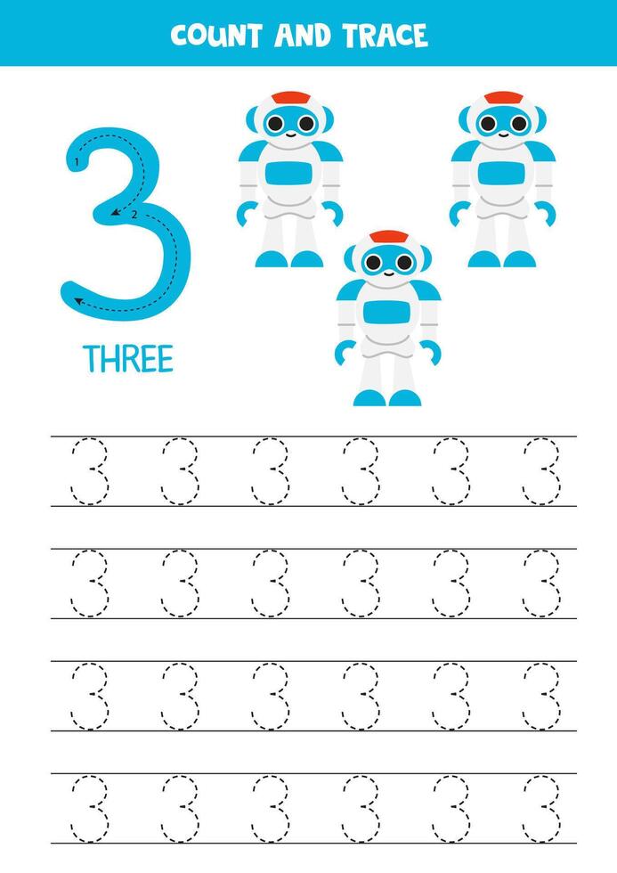 getallen traceren oefening. schrijven aantal drie. schattig tekenfilm robotten. vector