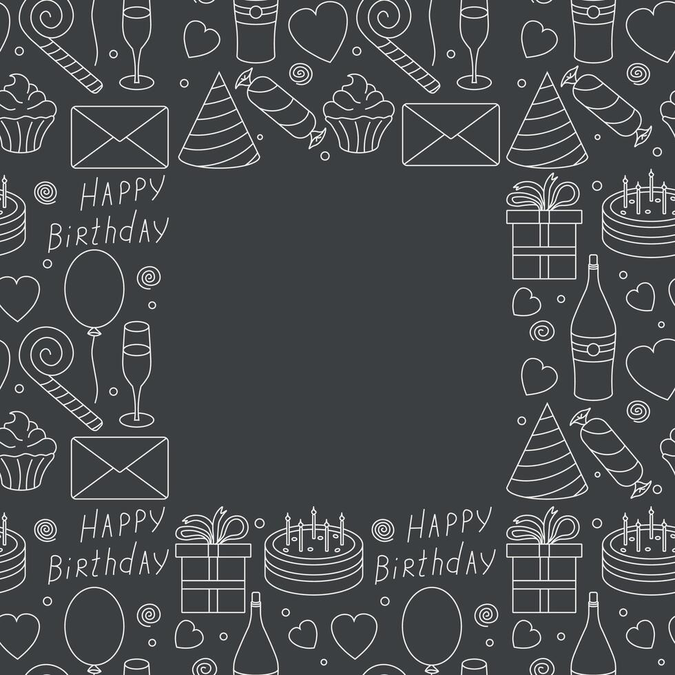 gelukkig verjaardag kader. naadloos verjaardag achtergrond. illustratie met taart, geschenk doos, partij hoed, ballonnen. vector