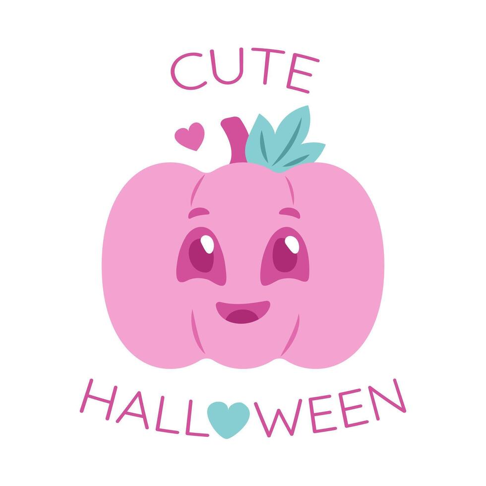 roze pompoen met een gezicht. schattig halloween. glimlachen karakter voor halloween in Barbie stijl met een hart. truc en traktatie. helder roze groente. vakantie kaart met tekst. illustratie. vector