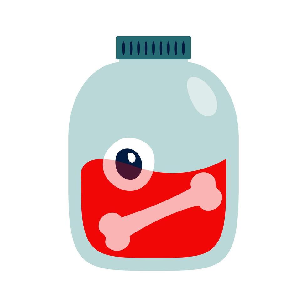 glas pot met een oog en een bot gedekt in bloed. decoratie voor halloween. oogbol. truc en traktatie. vakantie allemaal heiligen vooravond. verschrikking en angst. hand getekend. geïsoleerd item. illustratie. vector