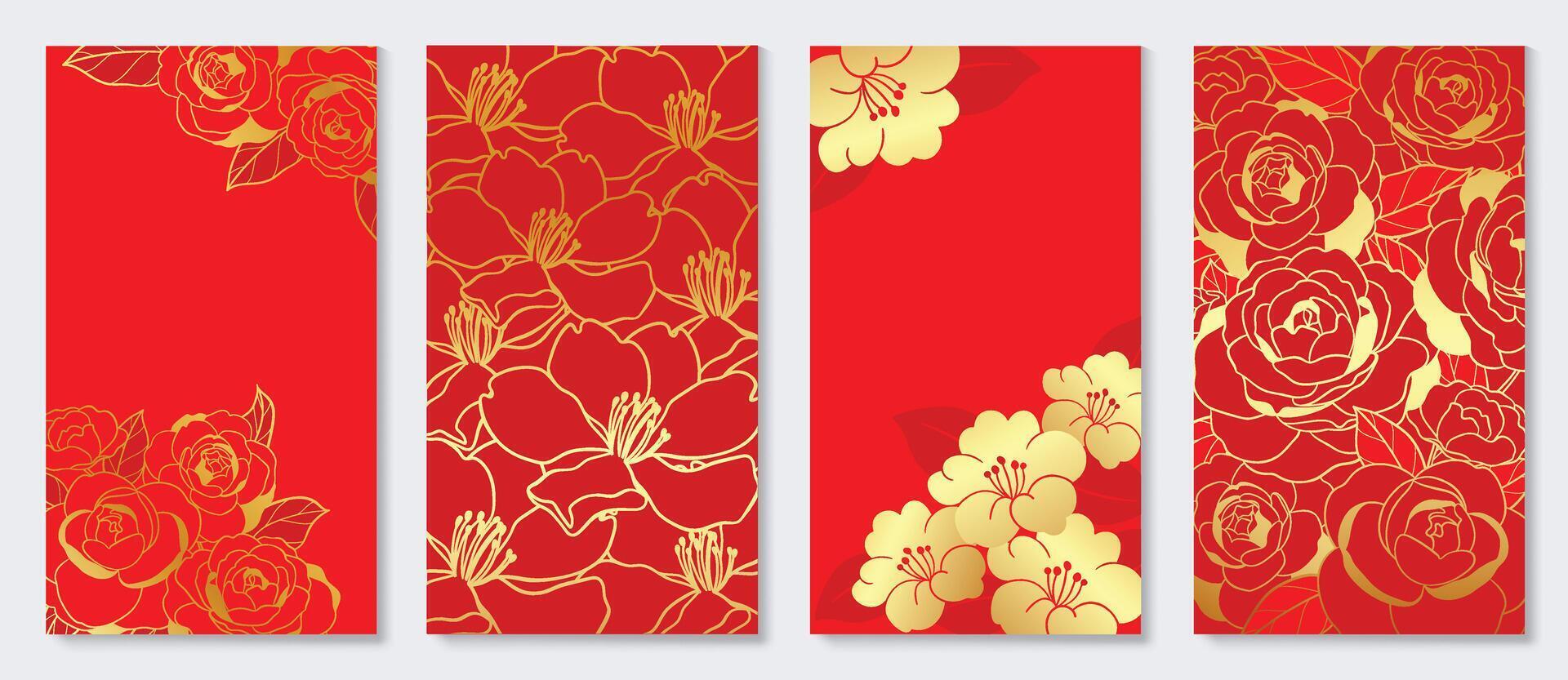 gelukkig Chinese nieuw jaar Hoes achtergrond . luxe achtergrond ontwerp met gouden roos bloem, kers bloesem. elegant oosters illustratie voor omslag, banier, website, kalender, kaart. vector