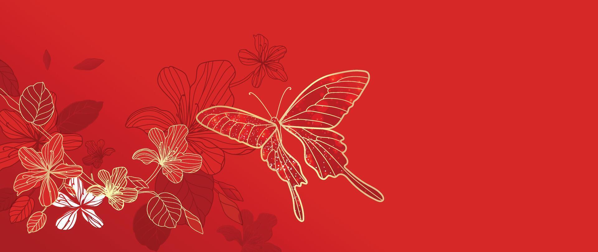 gelukkig Chinese nieuw jaar achtergrond . luxe behang ontwerp met Chinese bloem, vlinder Aan rood achtergrond. modern luxe oosters illustratie voor omslag, banier, website, decor. vector