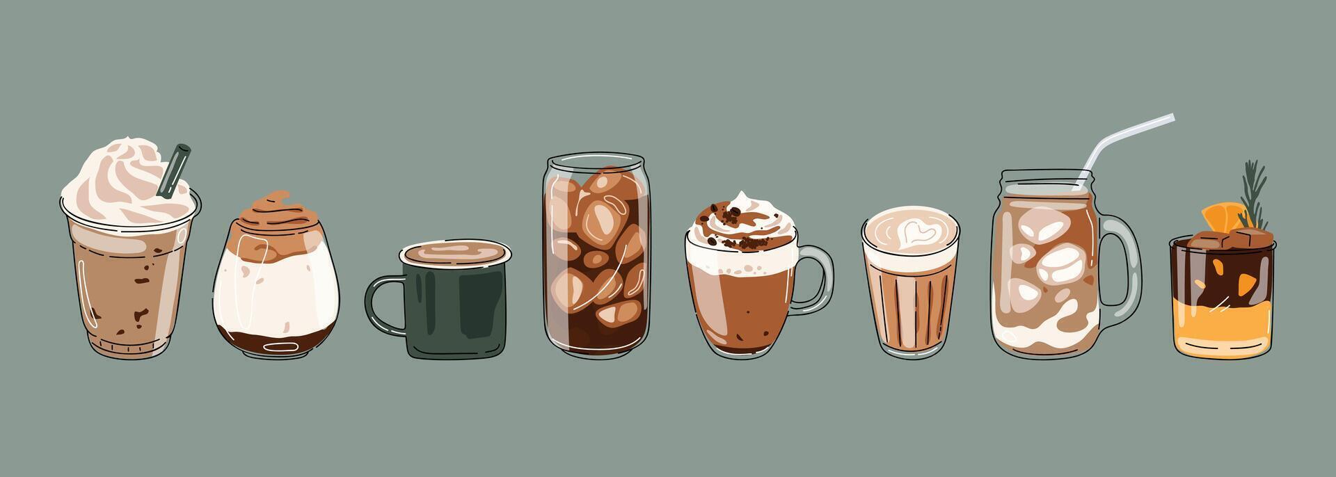 heet en verkoudheid koffie drank met schattig tekening decoratie. espresso, americano beker, cappuccino en latte in bril. illustratie blended koffie voor logo, advertenties, Promotie, marketing, spandoek. vector