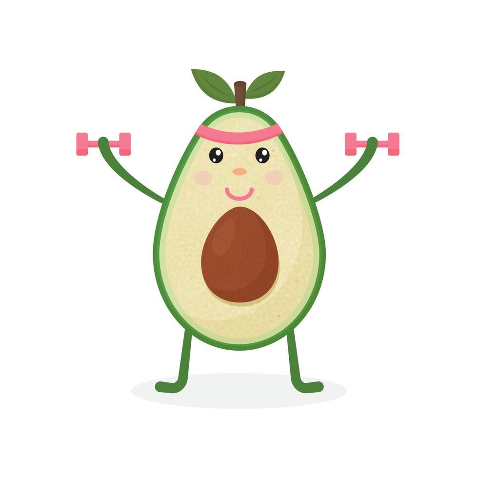 schattig avocado tekenfilm karakter aan het doen opdrachten met halters. aan het eten gezond en geschiktheid. vector