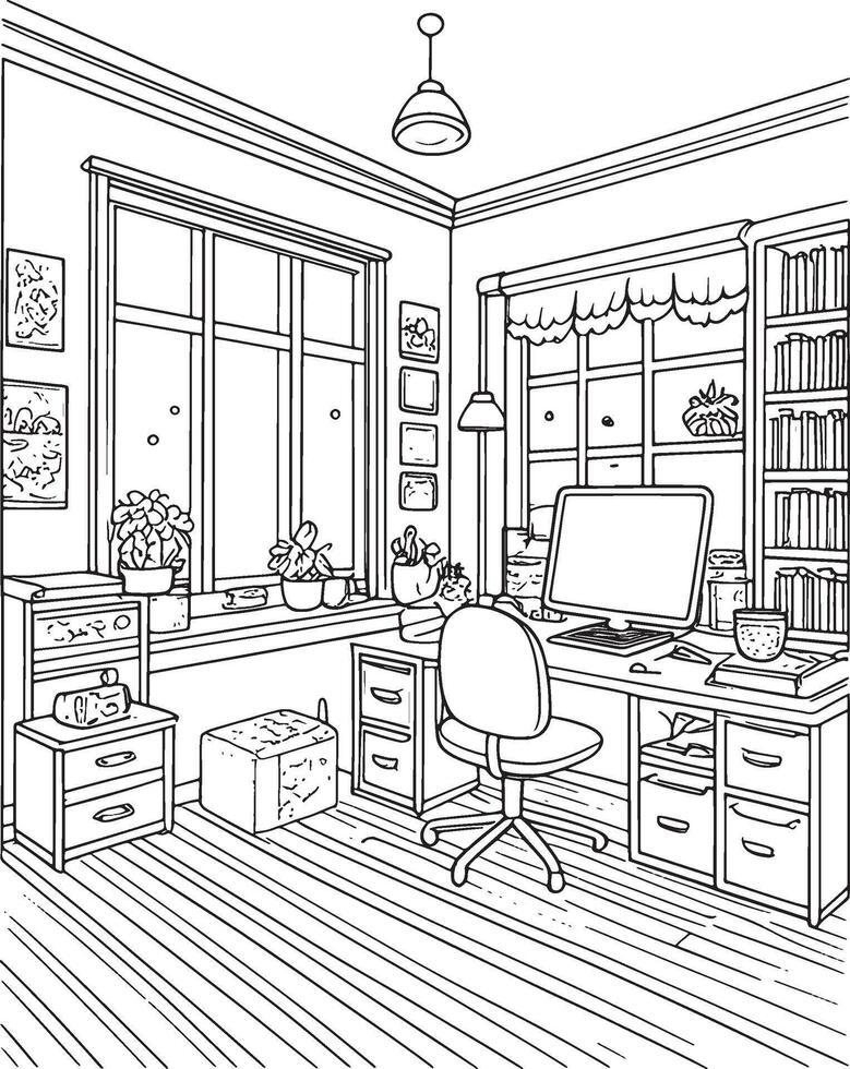 kantoor kamer, kawaii, tekenfilm karakters, schattig lijnen en kleuren, kleur Pagina's vector