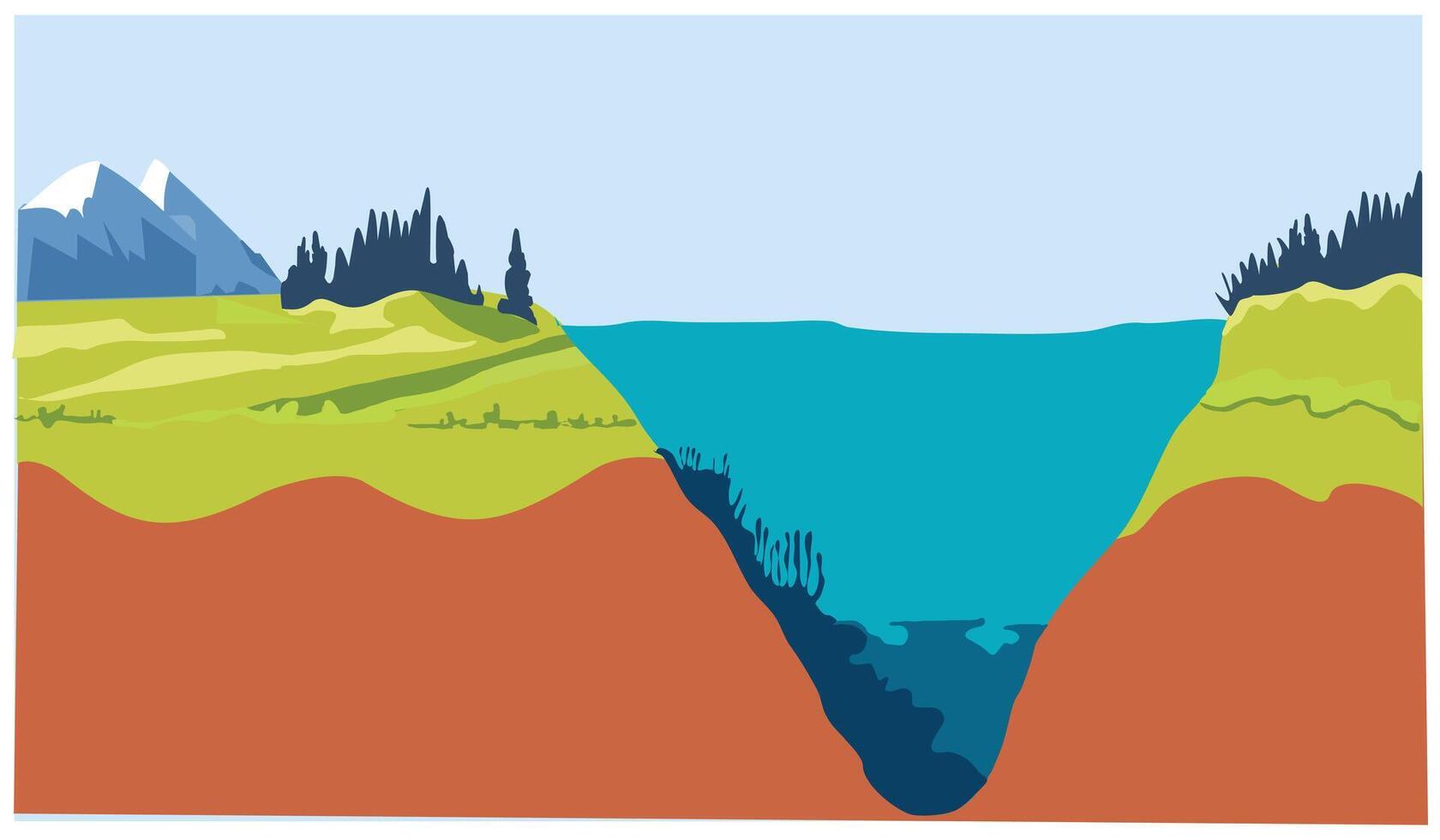 bergen en meer eps10, illustratie ontwerp van bergen met zee en diep troggen. natuurlijk achtergrond ontwerp elementen over bergen en bossen vector