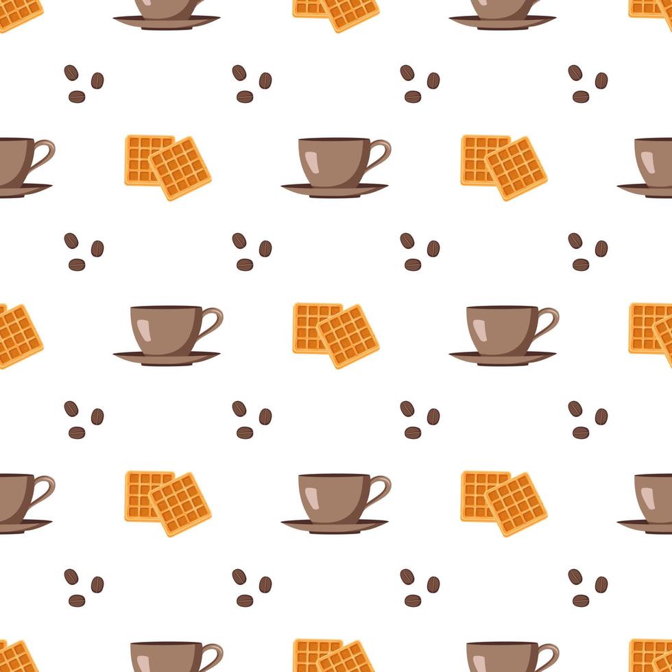 naadloos patroon met kop, schotel, koffiebonen en wafel. print met mok en zoete gebakjes voor café, textiel en design. platte vectorillustratie vector