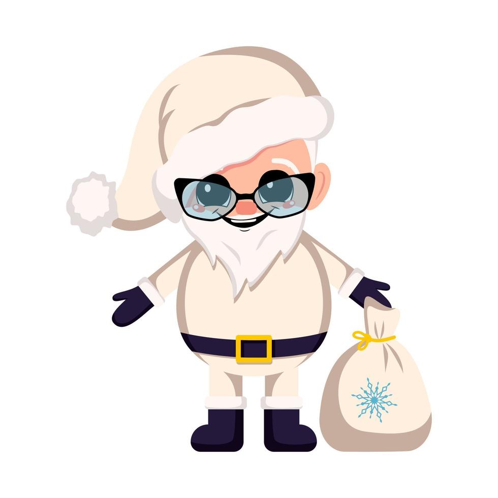 kerstman in kostuum en hoed met zak met geschenken en bril. symbool van nieuwjaar en kerstmis. schattig karakter met blije emoties en glimlach vector