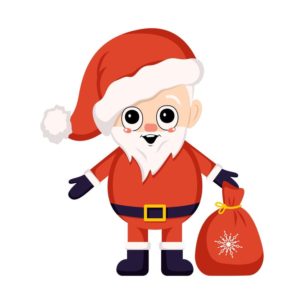 kerstman in kostuum en hoed met zak met geschenken. symbool van nieuwjaar en kerstmis. schattig karakter met blije emoties en glimlach vector