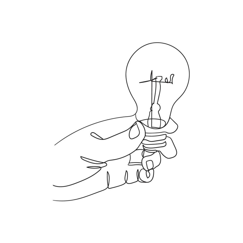 hand tekening doodle hand met een gloeilamp illustratie doorlopende lijn minimalisme concept vector