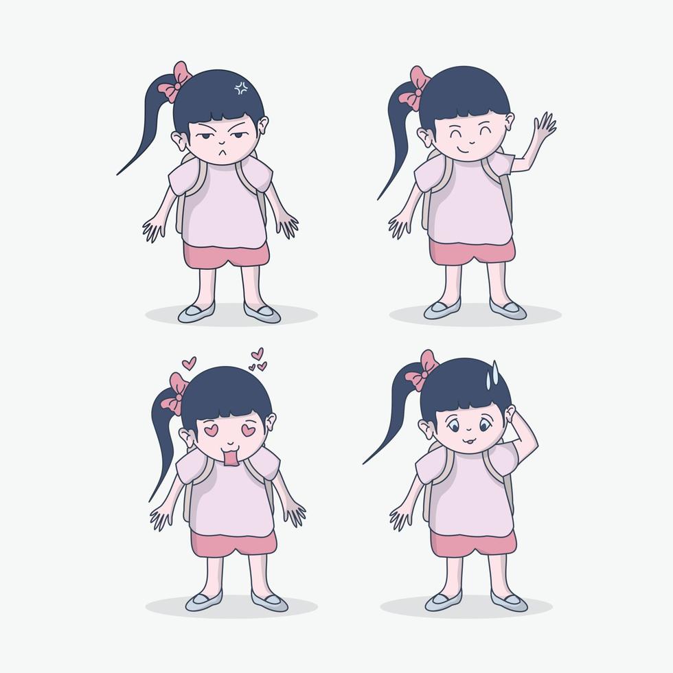 schattige kleine schoolmeisjes outfits expressie vector
