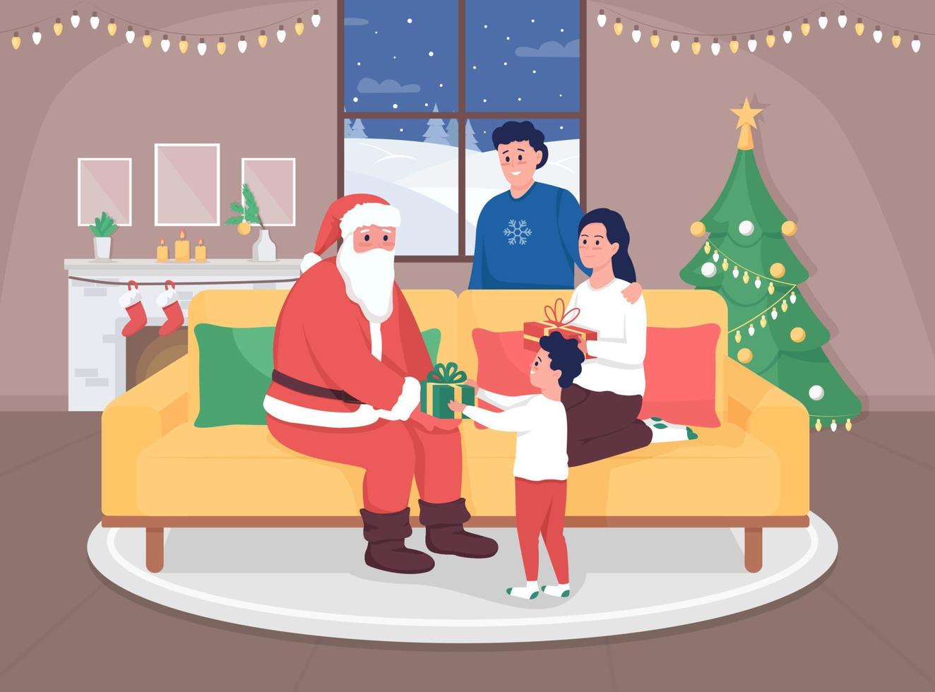 nodigen santa home egale kleur vectorillustratie. ouders met kind dat cadeau krijgt voor kerstmis. winter vakantie feest. gelukkige familie 2d stripfiguren met feestelijk interieur op de achtergrond vector