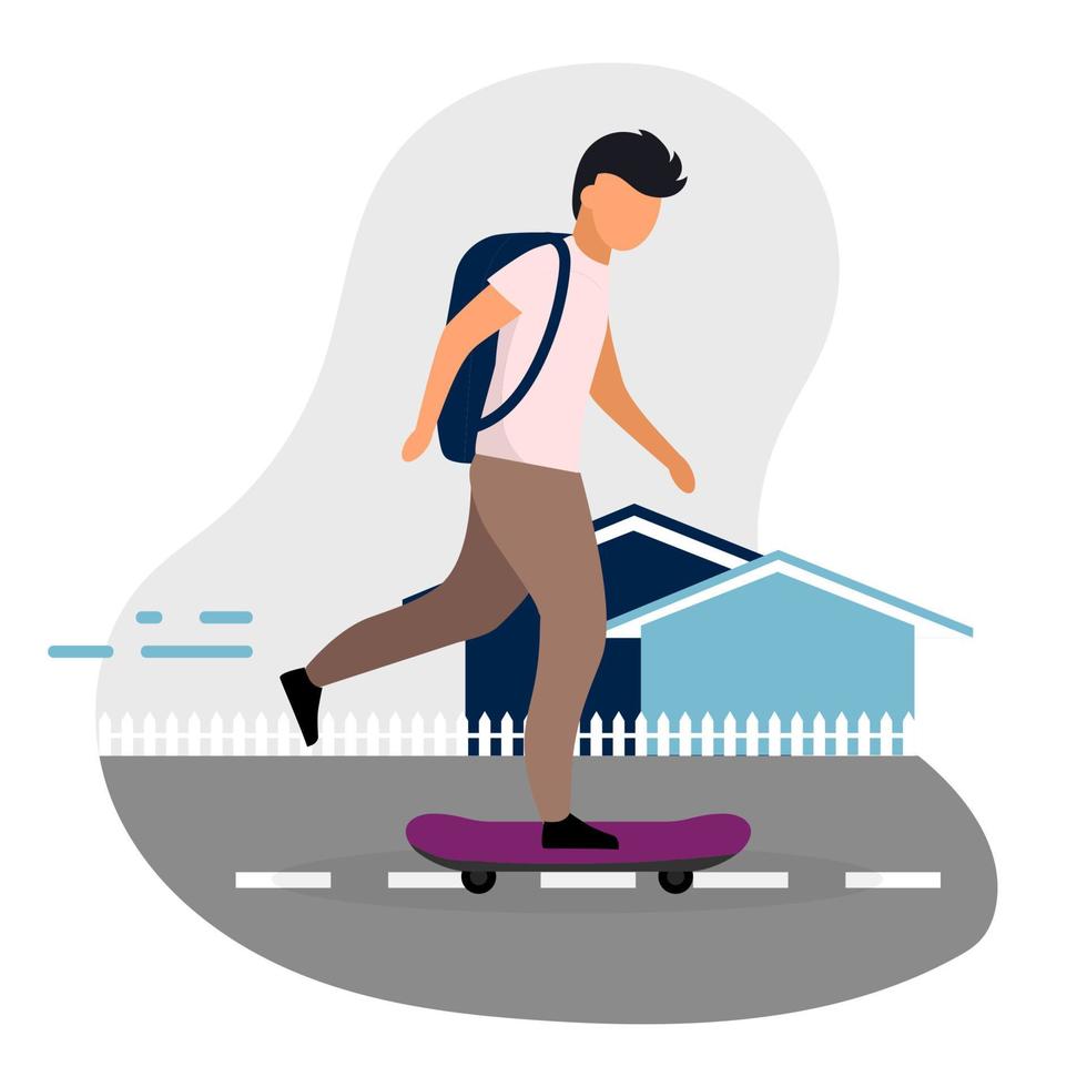 schooljongen skateboarden platte vectorillustratie. terug naar school. tiener met rugzak rijden skate stripfiguur geïsoleerd op een witte achtergrond. modern schoolkind, kind veel plezier vector