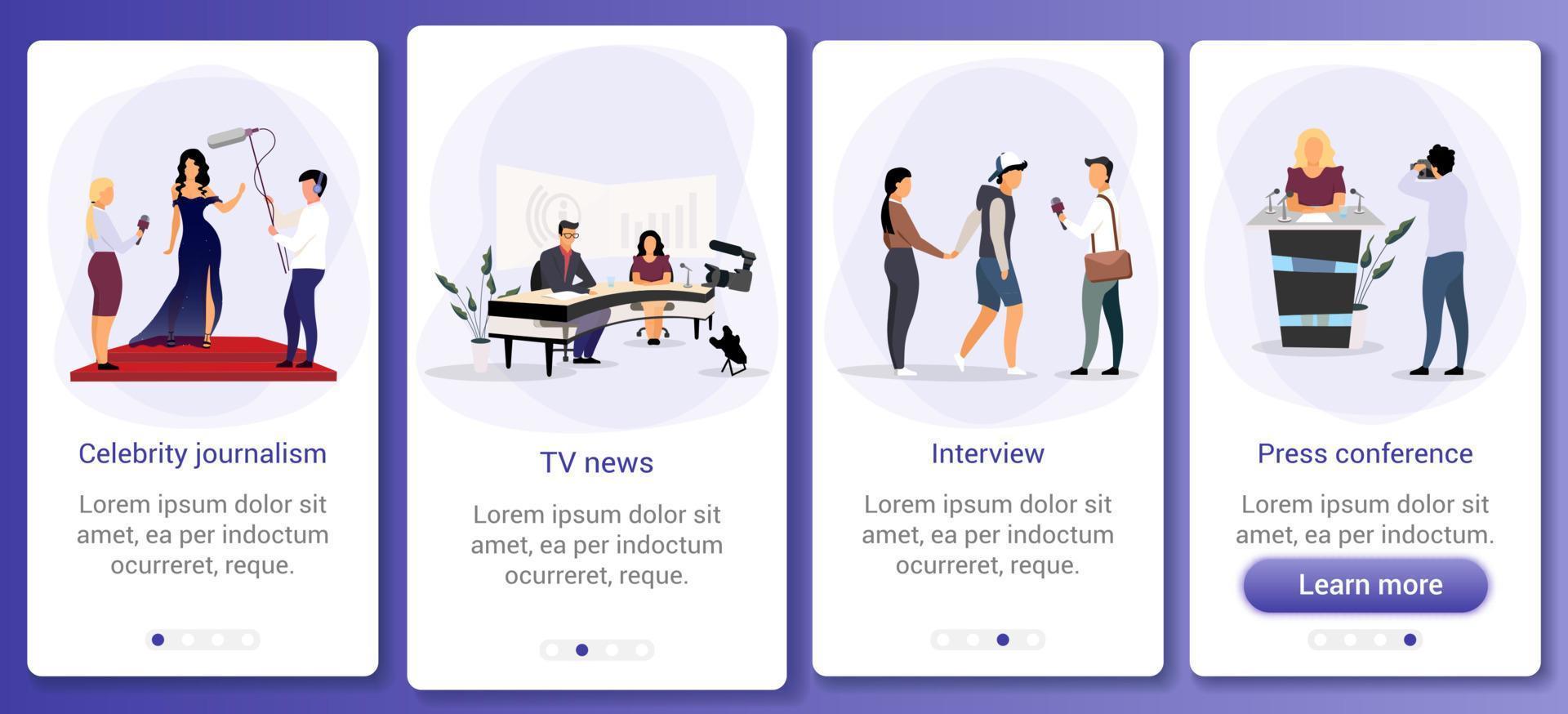 journalistiek en massamedia onboarding mobiele app scherm vector sjabloon. tv-nieuws, interview, persconferentie. walkthrough website stappen met platte karakters. ux, ui, gui smartphone cartoon-interface