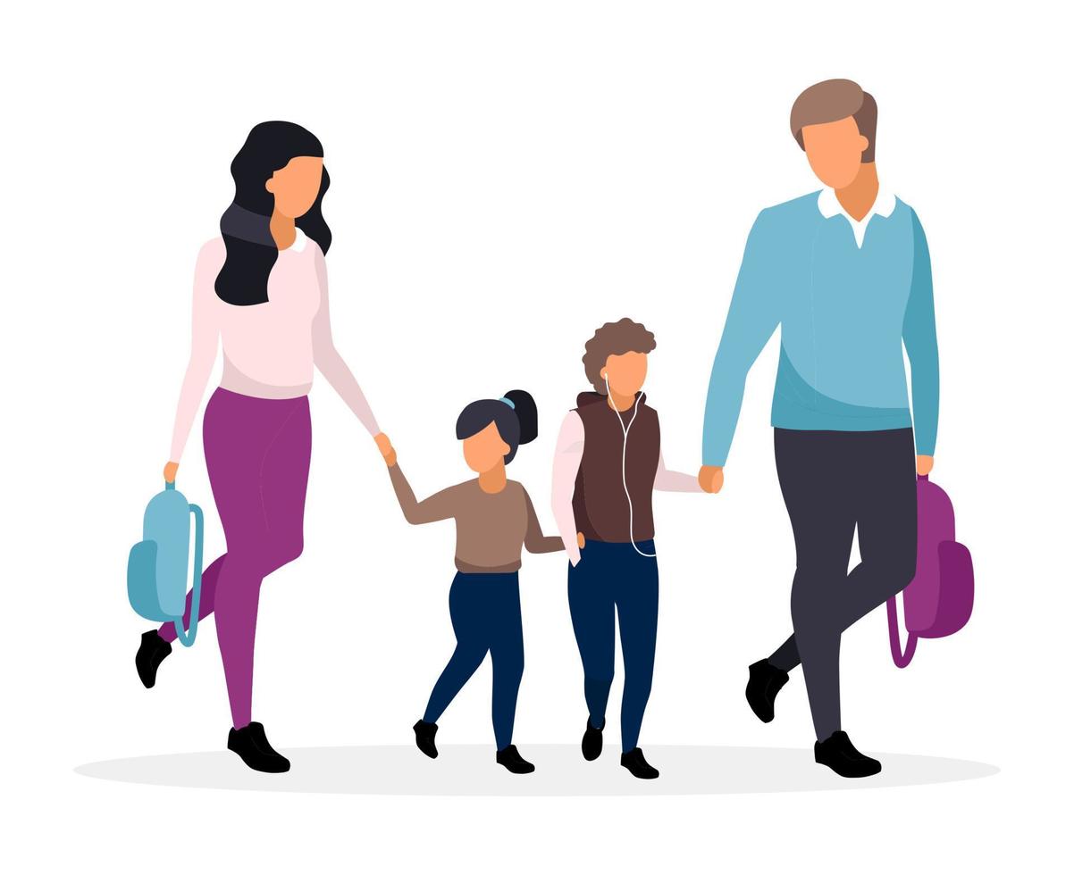 jonge ouders met schoolkinderen platte vectorillustratie. familie die samen naar school gaat en stripfiguren vasthoudt. vader en moeder met twee preteen kinderen. schooljongen en schoolmeisje vector