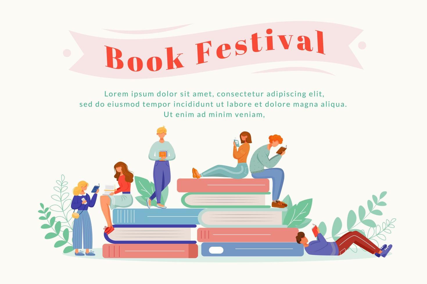 boek festival platte poster vector sjabloon. schrijvers feest. bibliotheek jubileum. boeken beurs. literaire vakantie geïsoleerde stripfiguren. banner, brochurepagina, folderontwerplay-out met plaats voor tekst