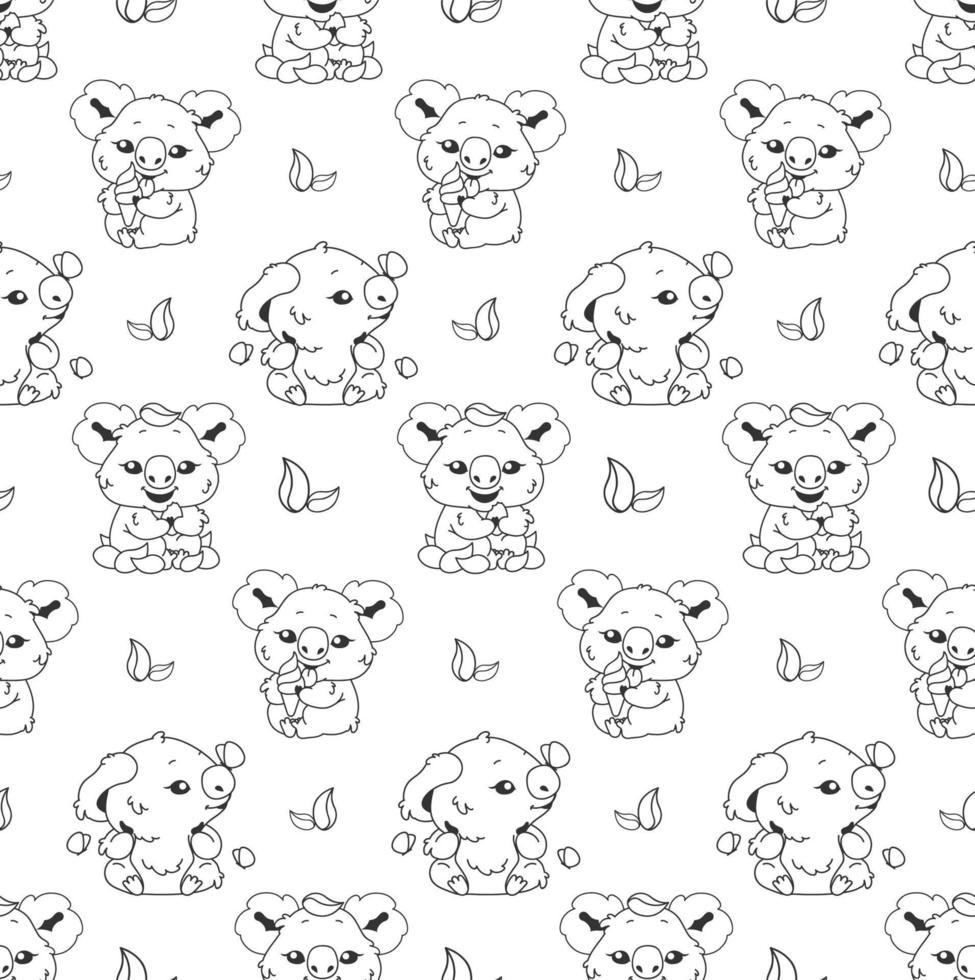 schattige koala lineaire kawaii tekens naadloze patroon. positief inpakpapier, behang. schattig en grappig vectordier. anime baby koala ijs eten en spelen met vlinders vector